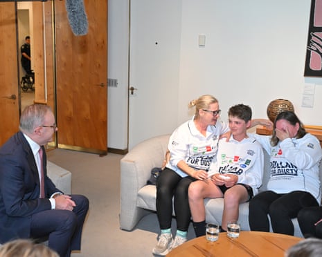 Prime Minister Anthony Albanese meets with Sarah Langby (mum), Dusty Langby and Nichole Callan (nurse) at Parliament House in Canberra