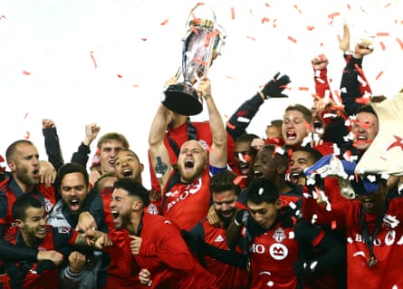 Toronto FC's Michael Bradley lifts the trophy after their 2017 MLS Cup Final victory over the Seattle Sounders.