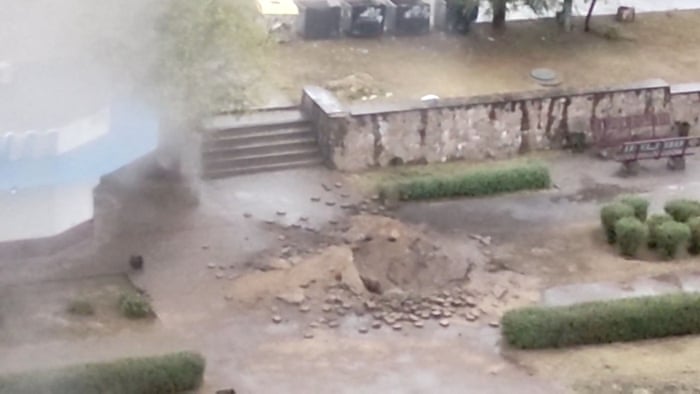 A general view of a crater left by a Russian missile strike in Zaporizhzhia in a picture obtained by Reuters.