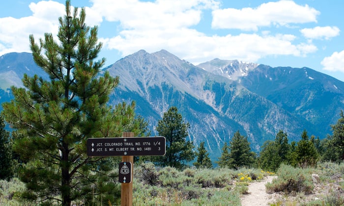Trail markers on the trail near Colorado’s highest peak, Mount Elbert, in the Rocky Mountains.