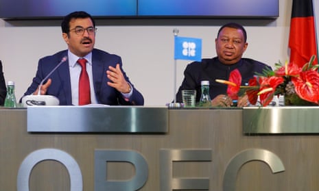 OPEC President Qatar’s Energy Minister al-Sada and OPEC Secretary General Barkindo at today’s news conference.