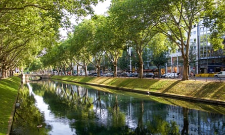 A canal splits shopping street Königsallee.