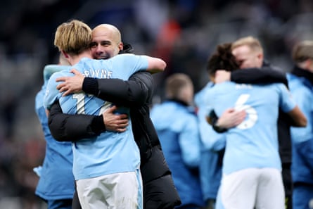 13 January 2024 Kevin De Bruyne is embraced by Pep Guardiola after the of Manchester City’s 3-2 victory against Newcastle at St James’ Park.