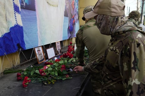 People lay carnations to a memorial as they pay tribute to Yevgeny Prigozhin who died in a plane crash, in Rostov-on-Don, Russia on August 24, 2023.