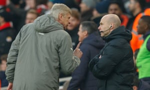 Arsène Wenger argues with fourth official Anthony Taylor during Arsenal’s 2-1 victory over Burnley at the Emirates Stadium.