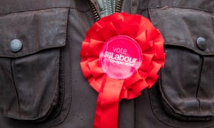 A close up of a Labour rosette on a jacket