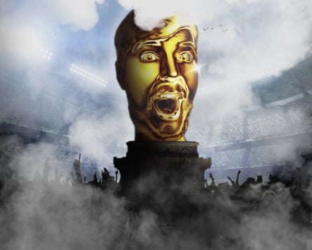 An illustration of YouTuber MrBeast featuring his face as a giant golden statue