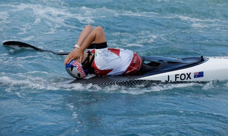Jessica Fox of Australia celebrates winning gold in the women’s kayak final during day five of the ICF Canoe Slalom World Championships 2023 at the Lee Valley White Water Centre.