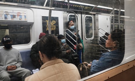 Passengers riding the New York City subway in mid-April.