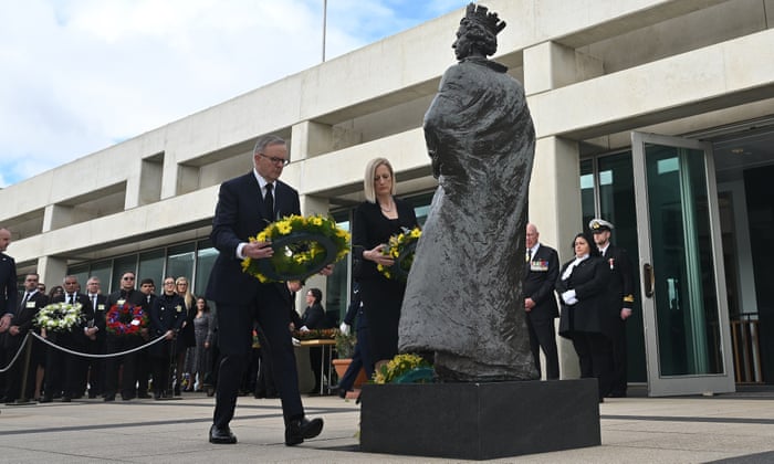 Australian prime minister Anthony Albanese and finance minister Katy Gallagher after laying a wreath at the statue of Queen Elizabeth II at Parliament House in Canberra