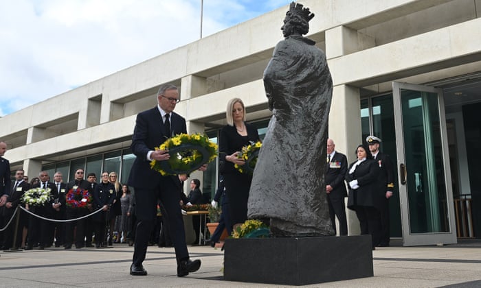 Australian Prime Minister Anthony Albanese and Finance Minister Katy Gallagher after laying a wreath at the statue of Queen Elizabeth II at Parliament House in Canberra