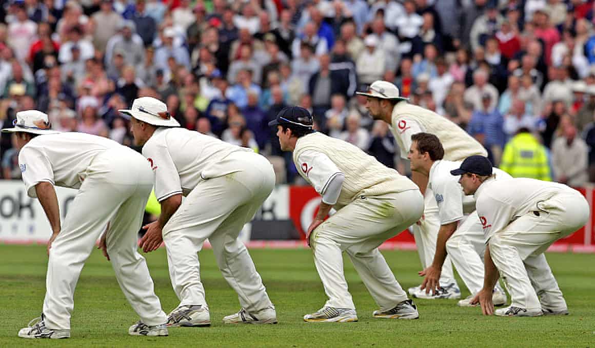 England’s slips line up in an attempt to catch Brett Lee
