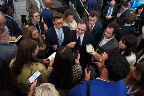Tom Tugendhat holding a briefing with journalists after his speech.