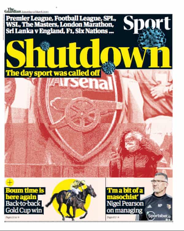 The front of Guardian Sport’s print edition on 14 March 2020