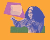 Composite of a woman about to taste a dish she is cooking, and two blocks of tofu