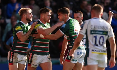Josh Bassett enjoys scoring his try for Leicester