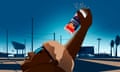 1980s airbrush-style illustration of a man catching a drink can against a California landscape in silhouette