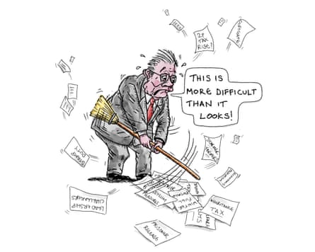 Illustration of Keir Starmer sweeping up policies written on pieces of paper