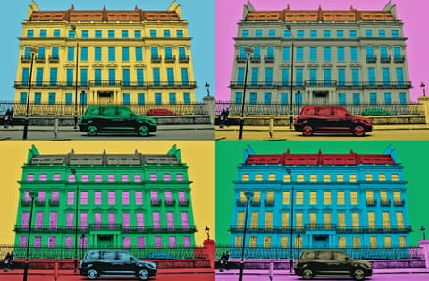 Four photos of Britain's most expensive house, 2-8a Rutland Gate in Knightsbridge, London, in a grid, all brightly coloured like Andy Warhol's screen prints