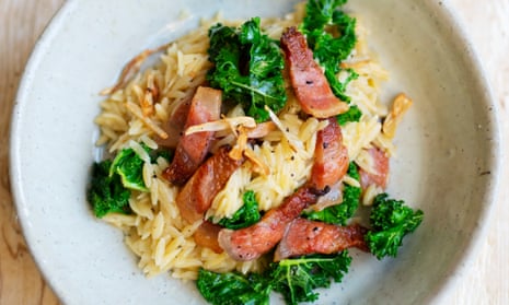 ‘Guanciale offers an interesting note’: orzo with guanciale and kale.