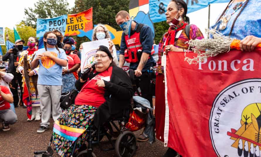 Joye Braun speaks during a protest at the White House against the continued use of fossil fuels on Indigenous Peoples' Day.