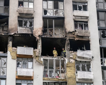 Rescuers operate at the site of a heavily damaged residential building after a Russian strike in Kyiv on September 1, 2026, amid the Russian invasion of Ukraine.