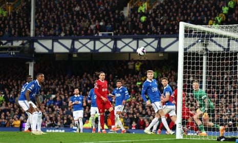 Luis Diaz of Liverpool hits the post during the Premier League match between Everton and Liverpool.