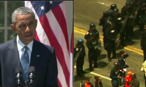 President Barack Obama speaks on cnn April 28 2015 split screen with protesters in baltimore