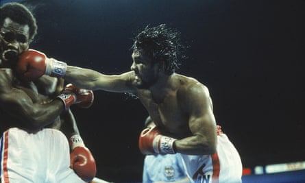 Roberto Durán lands a stunning punch on Sugar Ray Leonard at the Olympic Stadium in Montreal.