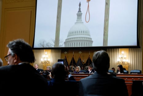 An image of a hangman's noose outside the US Capitol on 6 January 2021 is displayed at the House select committee on 19 December 2022.