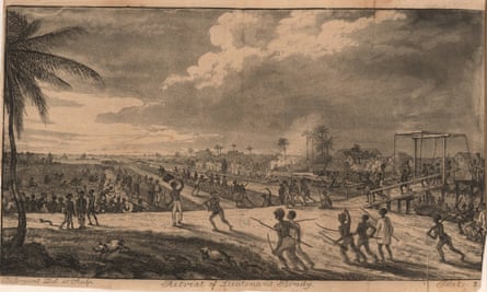 Illustration showing slaves forcing the retreat of colonial soldiers