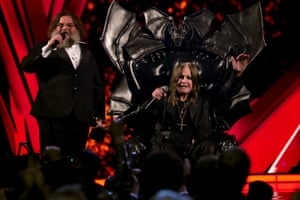 Jack Black and Ozzy Osbourne speak onstage at the 2024 Rock & Roll Hall of Fame induction ceremony