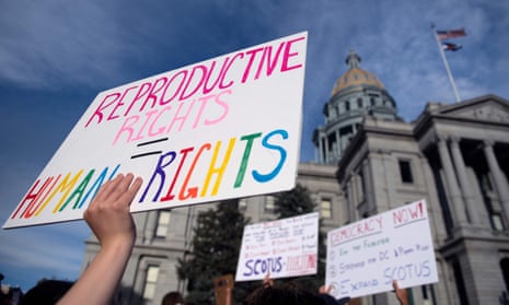 Pro-choice activists protest in front of the Colorado State Capitol in Denver, Colorado,in June 2022.