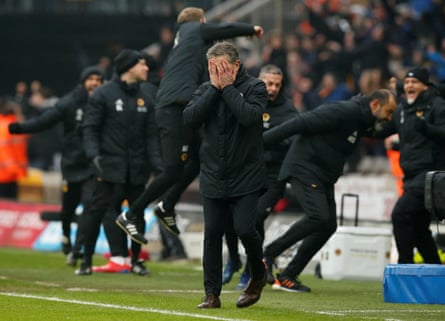 January 19: Leicester City manager Claude Puel reacts as Wolverhampton Wanderers staff celebrate Diogo Jota’s late goal.