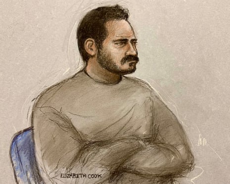 A court sketch shows Kerry, a bearded man in profile wearing a sweatshirt, seated in court