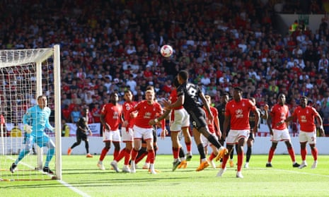 Arsenal's Gabriel Jesus heads over against Nottingham Forest.