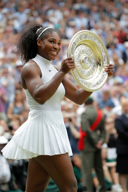 Serena Williams with the trophy after victory in the womens singles final Wimbledon 2016.