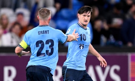 Joe Lolley of Sydney celebrates after scoring in the Asian Champions League Two match against Singapore’s Lion City Sailors at Allianz Stadium.