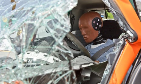 A crash test dummy in a vehicle collision test