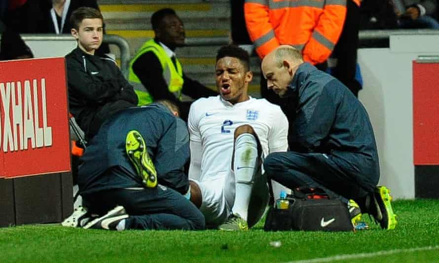 Joe Gomez is treated during the England Under-21s win over their Kazakhstan counterparts on Tuesday.