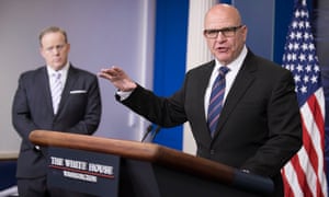 National security adviser HR McMaster takes questions from the press, as Sean Spicer looks on. McMaster said the real threat came from leaks to the press.