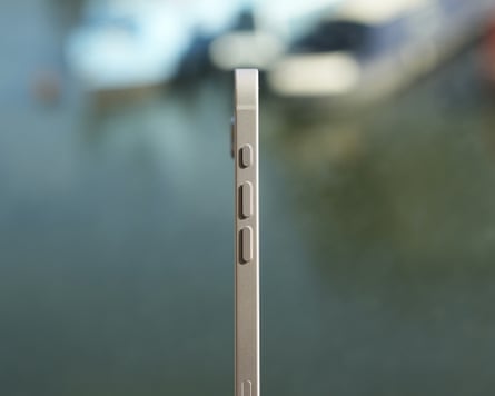 The action and volume buttons of an iPhone 17e.