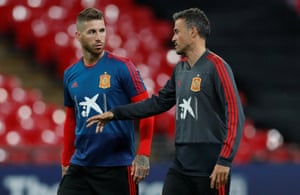 Spain’s coach Luis Enrique (right) speaks to Sergio Ramos during a training session at Wembley Stadium ahead of their Nations League match against England.