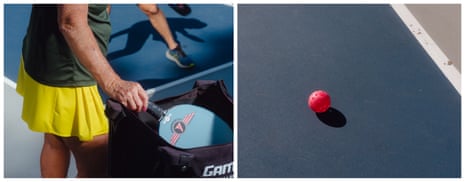 An image of a person holding a solid rectangular ‘paddle’ next to an image of a red plastic ball with holes in it on a court