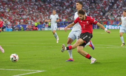 Khvicha Kvaratskhelia scores Georgia’s first goal against Portugal.