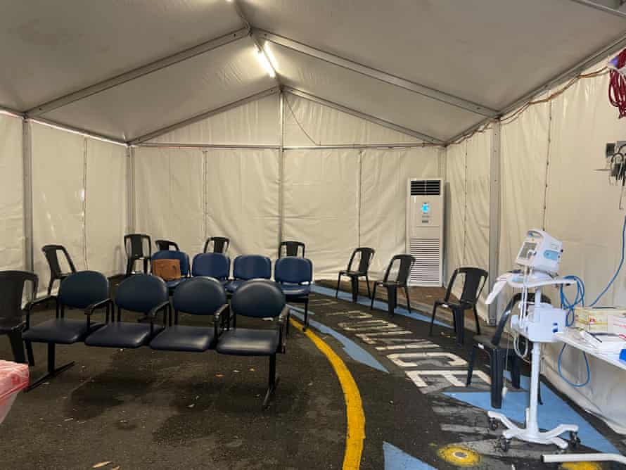 Views of the triage tent at Tweed Hospital that a local manager had to shop around and order himself despite pleading for months for one.
