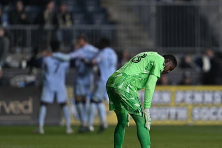 Earthquakes players celebrate scoring while Philadelphia Union goalkeeper Andre Blake #18 looks on during the match between the Philadelphia Union and the San Jose Earthquakes on March 7th, 2026 at Subaru Park in Chester, PA.