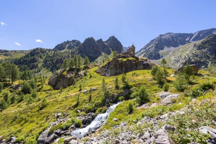 Panoramic view mountain refuge in Alpine setting