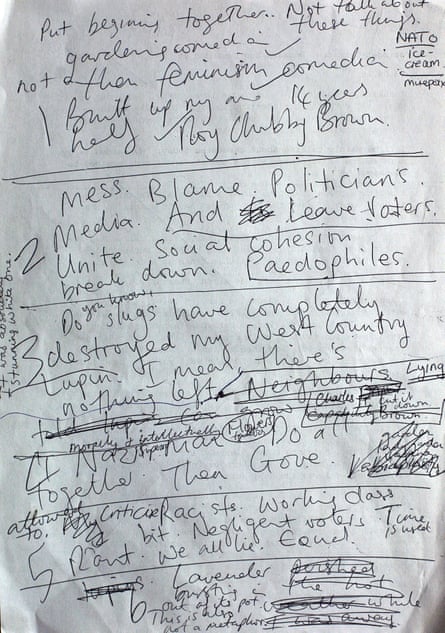 ‘My job is to make politics absurd. I’m becoming increasingly irrelevant’ … Christie’s notes.