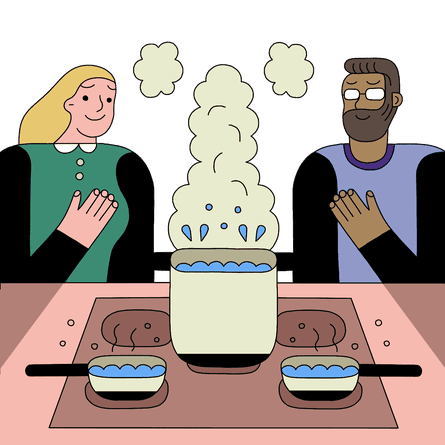 illustration of woman and man looking at stove and smiling
